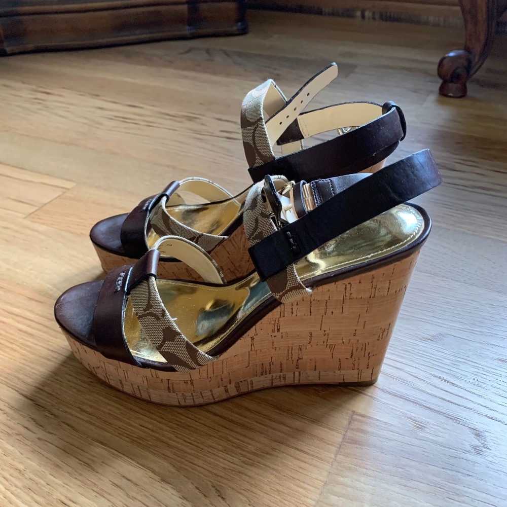 COACH Brown Wedge Shoes with Ankle Wrap Around - Size 8.5B